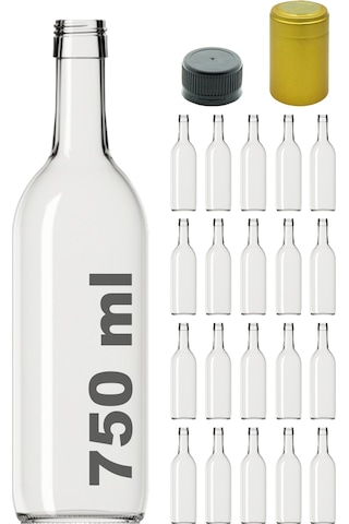 Afracam Standart Şeffaf 750 ML Sızdırmaz Kapaklı Ve Kapüşonlu Boş Cam Şişe 20 Adet