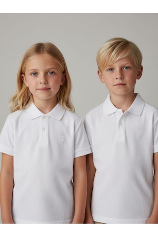 Zekids Çocuk Pamuklu Yakalı Kısa Kollu Beyaz T-shirt-16777 Beyaz