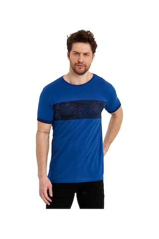 Bisiklet Yaka Kısa Kollu Desenli Penye Erkek Tshirt İndigo