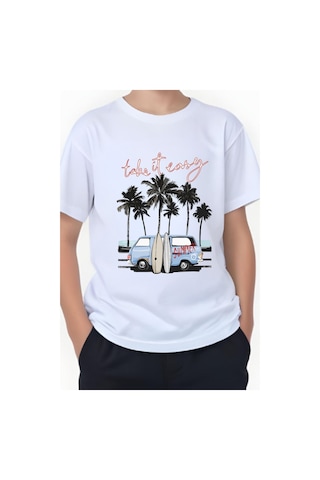 Panios Kids Summer Van Baskılı Erkek Çocuk Yuvarlak Yaka Kısa Kollu T-shirt Beyaz