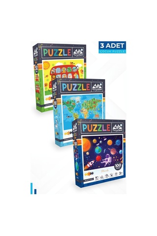 3'lü Çocuk Puzzle - 50 P. Hayvanlarla Otobüs Ve 100 P. Hayvan Dünya Haritası Ve 100 P. Gezegenler