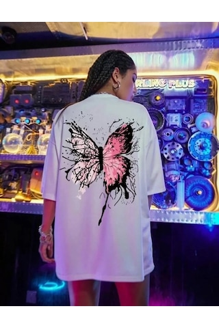 Unisex Baskılı Oversize Tshirt Beyaz