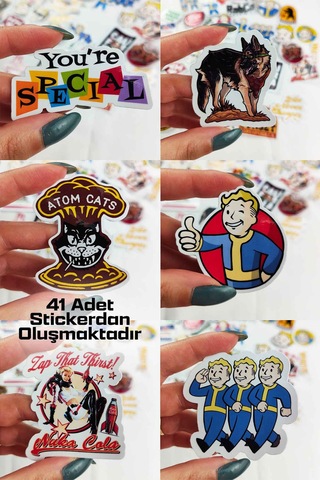 Fallout Serisi Mega Sticker Paketi 41 Parça Yapışkanlı Suya Dayanıklı Etiket Seti Çok Renkli