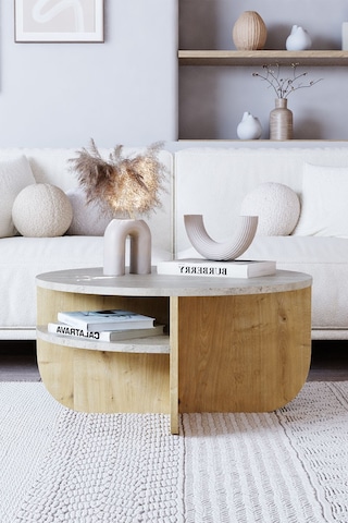 Rubo Orta Sehpa Raflı Iskandinav Orta Sehpa 72 Cm, Bohem - Traverten & Safir Meşe
