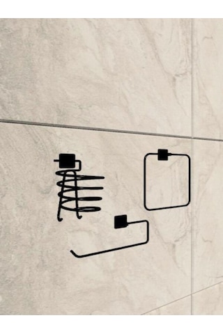 Siyah Yapışkanlı Kare Fön Makinesi Askısı Solo Havluluk Ve Kare Havluluk Seti Banyo Seti Siyah