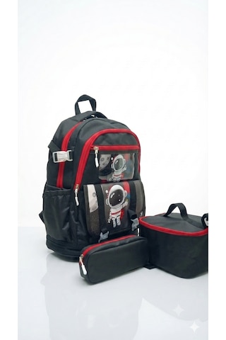 İlkokul 3 Lü Set Karekter Desenli Laptop Bölmeli Kalemlik,beslenme Çantalı Erkek Çocuk Okul Sırt Çantası 41 27 17 Cm siyah