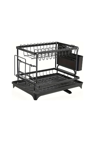 Honeybeeshop Siyah 2 Katlı Karbon Çelik Bulaşık Rafı Süzgeç Mutfak Eşyaları Tutucu Ve Bardak Askılı Siyah