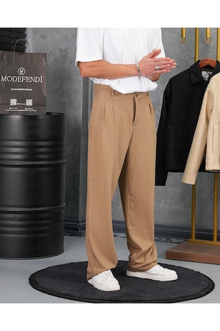 Modefendi Baggy Kalıp Pile Detaylı Kumaş Pantolon Camel