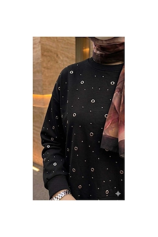 Butik Kadın Taş İşlemeli Gunlük Tesettür Sweatshirt Tunik Siyah Tesettür Sweatshirt Siyah Tesettür Sweatshirt