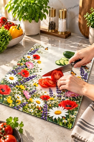 Gökçeoğlu Cam Kesme Tahtası Çiçek Bahçesi Temalı - Cam Kesme Tablası 30cm X 40cm Çok Renkli