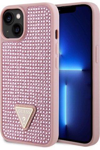 Apple Uyumlu iPhone 15 Kılıf Guess Lisanslı Taşlı Arka Yüzey Üçgen Logolu Kapak Pembe