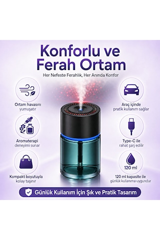 Araç İçi Aromaterapi Nemlendirici 120 Ml Ultrasonik Sisleme Type-c Şarjlı 01