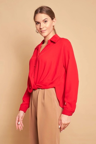 Yakalı Önü Pileli Uzun Kol Likrasız Şık Kumaş Gömlek-kırmızı Kırmızı