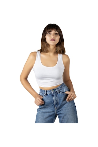 Terapi Men Beyaz Sırt Detaylı Fitted/vücuda Oturan Kare Yaka Crop Bluz Beyaz