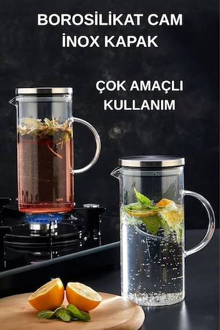 Çelik Kapaklı Vakumlu Borosilikat Cam Yağlık Sirkelik Sütlük Sürahi 1500 Ml Şeffaf