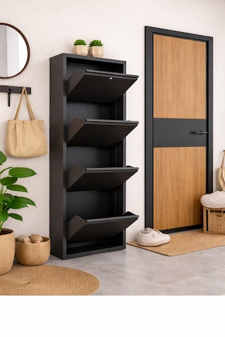Avenza Living Kilitli 4 Kapaklı Metal Ayakkabılık - Beyaz Antrasit
