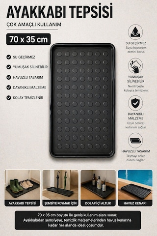 Çok Amaçlı Havuzlu Mat 70x35 Cm Ayakkabı Tepsisi Şemsiye Altlığı Dolap İçi Organizer Su Geçirmez Siyah