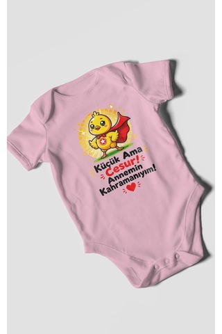 Morivokids Küçük Ama Cesur Annemin Kahramanıyım Kısa Kollu Bebek Body %100 Pamuk Koyu Pembe