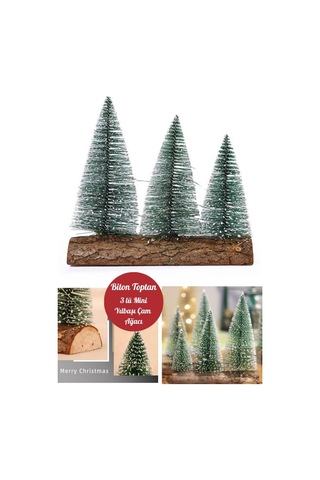 3 Lü Set Nevada Mini Çam Ağaçları Meşe Kütük Üzerinde Yılbaşı Hediyesi 16-12-10 Cm