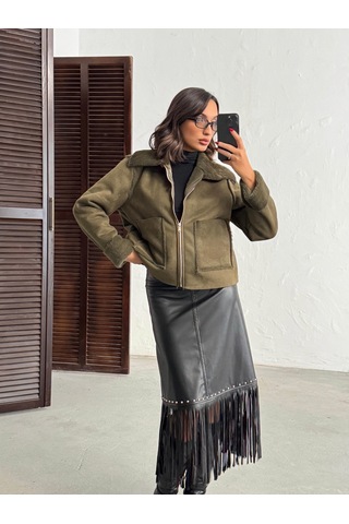 Verymoda Süet Tavşan Lamine Mont F2027 Haki
