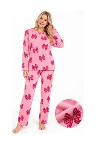 Sleeeproom Kadın Süet Mevsimlik Kurdele Desen Pijama Takımı Pembe - Kırmızı