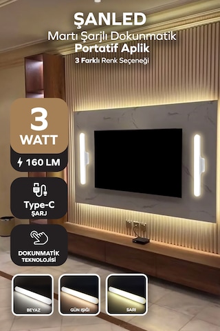 Şarjlı Mıktantıslı Işık Micro Usb Kablosuz Led 3 Farklı Işık Martı Aplik - 1 Adet Beyaz