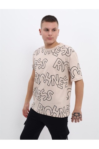Erkek Çocuk Pamuklu Harfli Rahat Kalıp Tshirt-12817-vizon Vizon