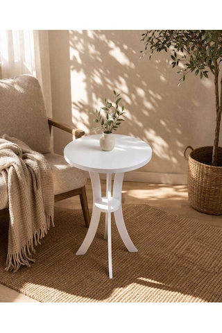 Fiskos Beyaz Yan Sehpa 50 Cm Çap - 60 Cm Yükseklik Modern Zigon Yan Sehpa Beyaz