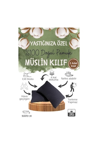 4 Katlı Müslin Yastık Kılıfı Antrasit 50x70cm 2adet