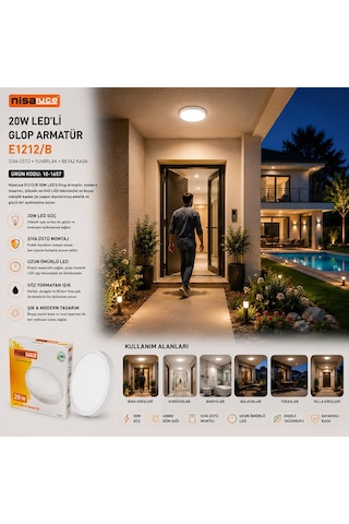 Nisaluce E1212/b 20w Beyaz Metal Kasa Sıva Üstü Yuvarlak Led Glop Armatür - Ip20, 6500k, 1800 Lm