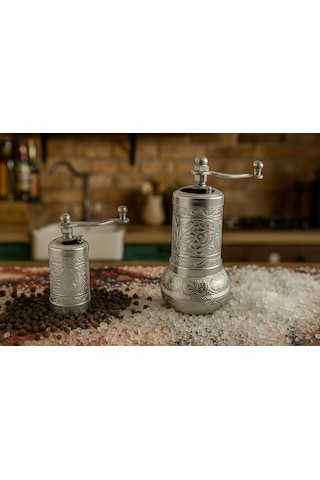 Motifli Baharat Değirmeni Gümüş Renk 2 Li Set Top Küpe Hediyeli