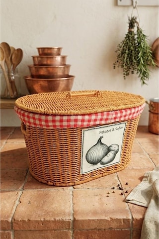 Atbyhome Oval Rattan Hasır Patates Soğan Çift Bölmeli Sepet Düzenleyici Organizer Kahverengi