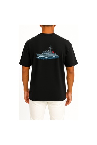 Bahriyeli Collection Oversize Tcg Bafra F505 Savaş Gemisi Cep Ve Sırt Tasarımlı Unisex T-shirt Siyah