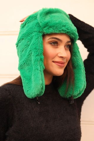 Çıtçıtlı Kürklü Kulaklıklı Peluş Bere Şapka Rkş-03 Yeşil Yeşil