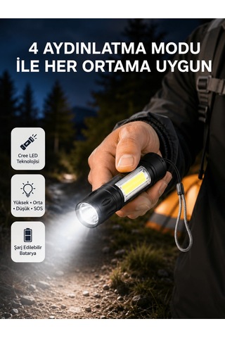 Ultra Dayanıklı 4 Mod Şarjlı Işıldak Suya Ve Darbeye Dayanıklı 100.000 Saat Led Ömrü Tkndy-bsva4969