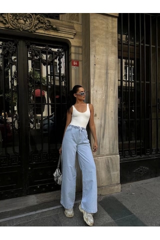 Kadın Arkadan Yırtmaçlı Jeans Kot Palazzo Pantolon - Mavi Mavi