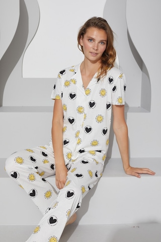 Siyah İnci Örme Düğmeli Pijama Takım 7756 Beyaz Gülen Yüz