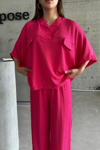 Kadın Fuşya Yarasa Kol Sahte Cep Bürümcük Alt Üst Palazzo Takım Fuşya