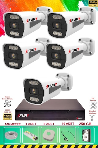 Fury 5 Kameralı 6 Warm Led Gece Renkli Görüş-cepten İzle-su Geçirmez Güvenlik Kamerası Seti 250gb