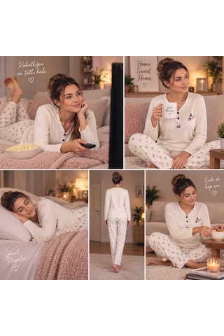 Seamlife Kadın Uzun Kollu Desenli Pijama Takımı Sevimli Desenli Ev Giyim Seti ekru