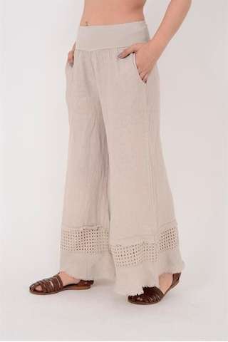 Eren Style İtalyan Fisto Paça Detaylı Keten Pantolon-9893 Bej