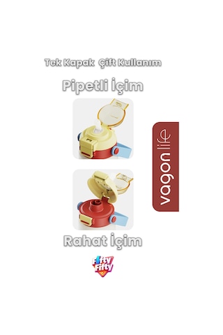 360 Ml Çocuk Termosu Tek Kapak Çift Kullanım Pipetli Rahat İçim Kulplu Paslanmaz Çelik Termos 1104-360ml Sarı