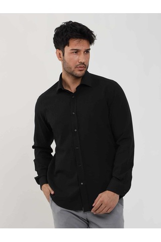 Dufy Siyah Erkek Slim Fit Gofre Desenli Brent Yaka Uzun Kol Gömlek - 104815-siyah Siyah