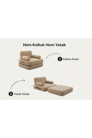 Tek Kişilik 2 Si 1 Arada Kendi Kendine Şişen Şarjlı Şişme Koltuk Ve Yatak 190 100 65cm Bej