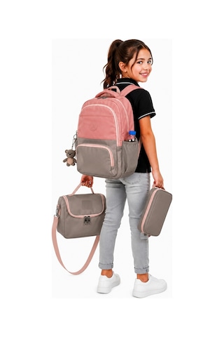 İlk Okul Çantası 3'lü Seti Unisex Çocuk İlkokul Çantası Bvt-8010 Pudra-vizon Pudra-taba