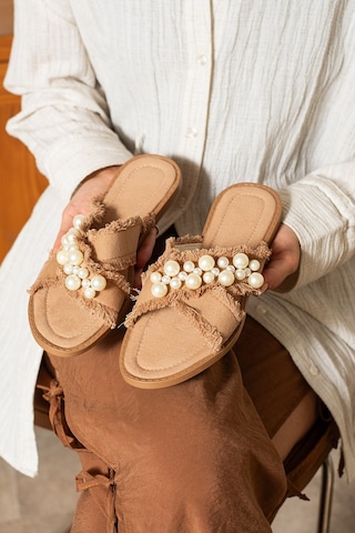 Dabab Shoes Mırella Kadın İncili Hasır Dokulu Düz Şık Taba Terlik