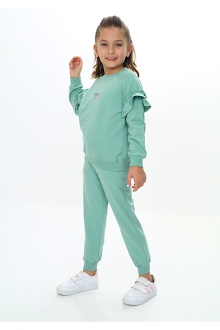Toontoy Kids Toontoy Kız Çocuk 2'li Takım Baskılı Bisiklet Yaka Reglan Kol Fırfırlı Sweatshirt & Beli Paçası Lastikli Cepli Jogger Eşofman Altı - 2 İplik Yeşil