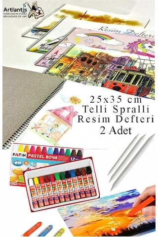 12 Renk Fatih Pastel Boya 25x35 Cm Telli Spralli Resim Defteri Pastel Dağıtma Kalemi 15 Yaprak Resim Defteri Yağlı Çok Renkli