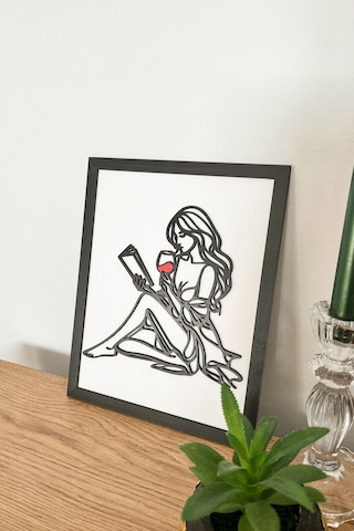 Kl-kok52-as4 - Modern Siyah Çerçeveli Ahşap Kitap Okuyan Kadın Tablosu 3d Katmanlı Tasarım 25x20 Cm