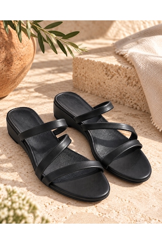 Yeo Leather Hakiki Deri Kadın 3 Bant Sandalet 3cm Alçak Dolgu Topuk - Zamansız Tasarım Siyah